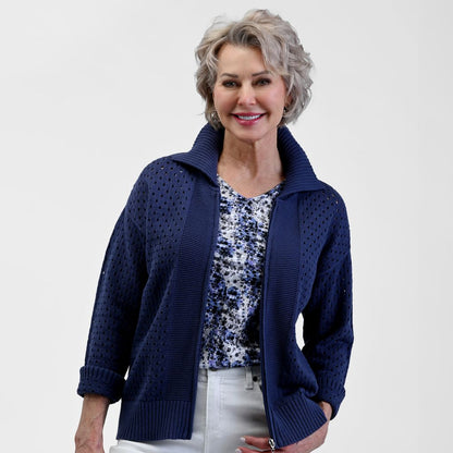 Relaxed Restyled Mesh Zip Up Wide Collar Sweater