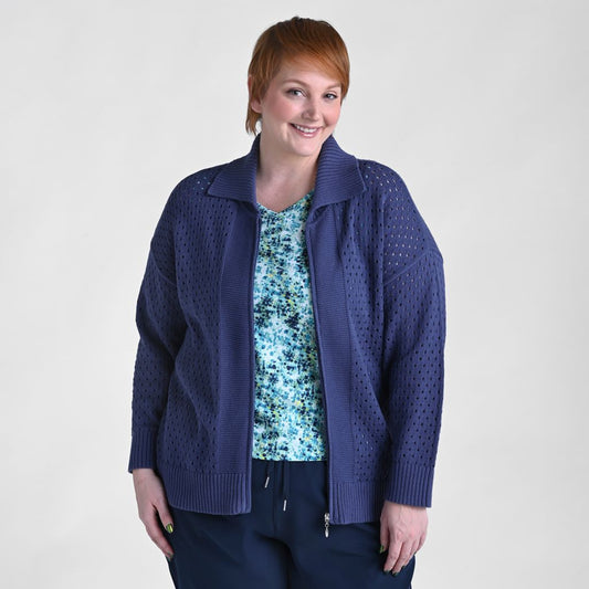 Relaxed Restyled Mesh Zip Up Wide Collar Sweater