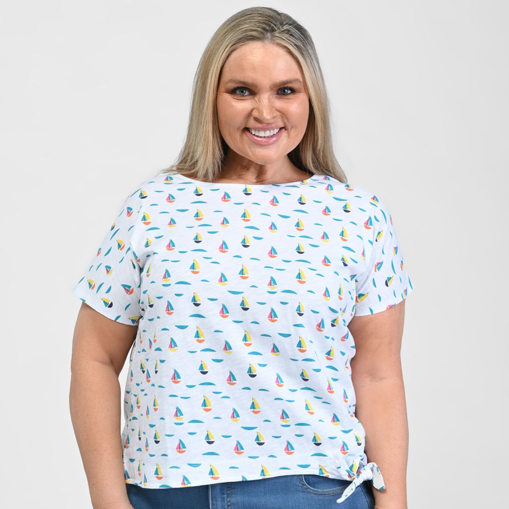 Sailboat Print Tie Front Tee