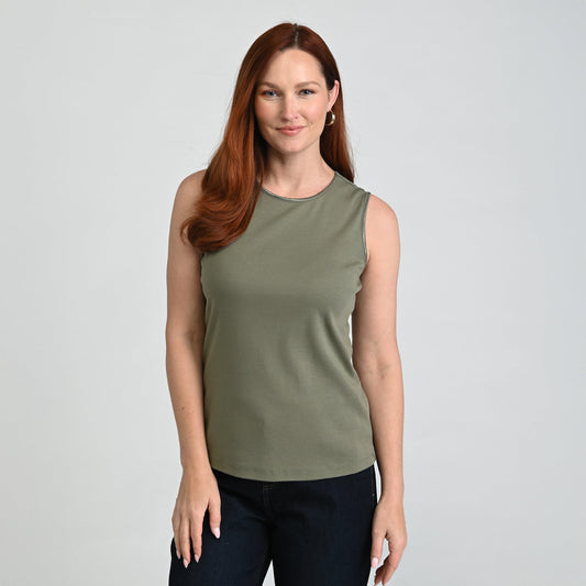 Sleeveless Crew Neck Satin Trim Perfect Tank
