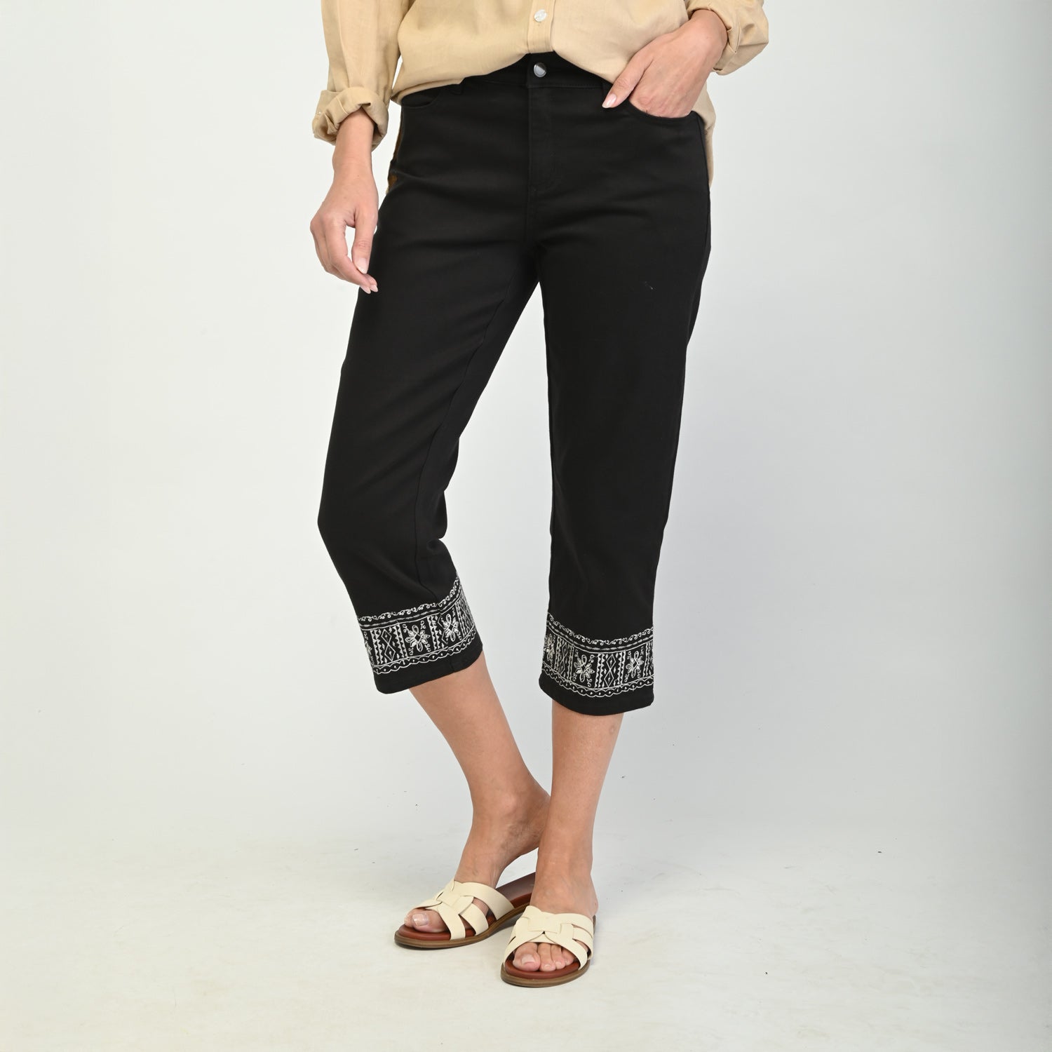 Embroidered Hem Relaxed Fit Denim Capri – Christopher Banks