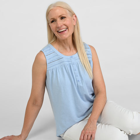Pleated Yoke Y Neck Sleeveless Top – Christopher & Banks