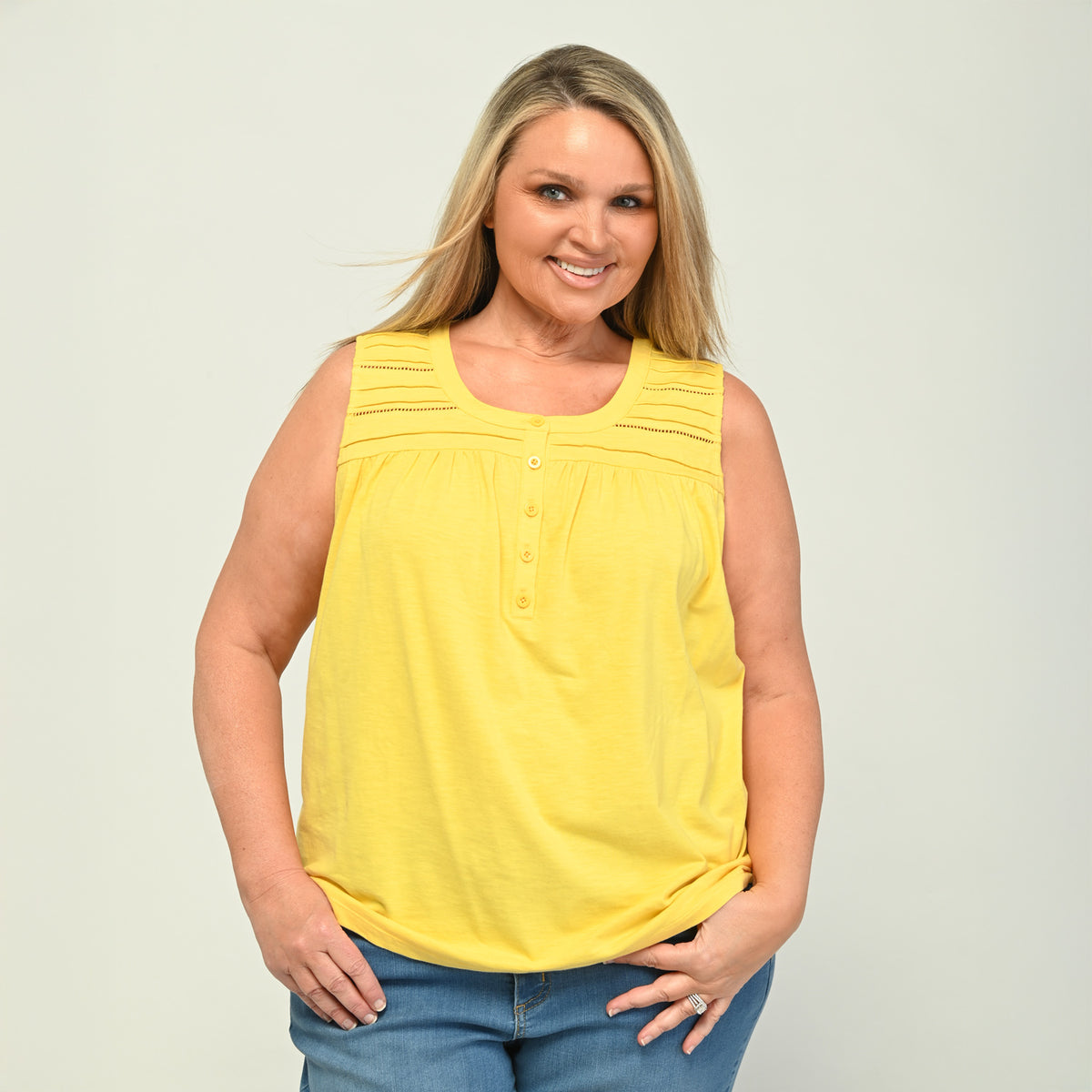 Pleated Yoke Y Neck Sleeveless Top – Christopher & Banks