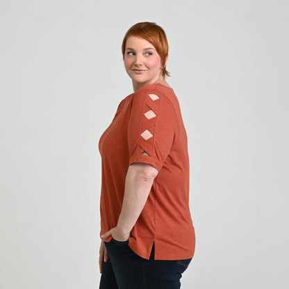 Lattice Sleeve Jewel Neck Top
