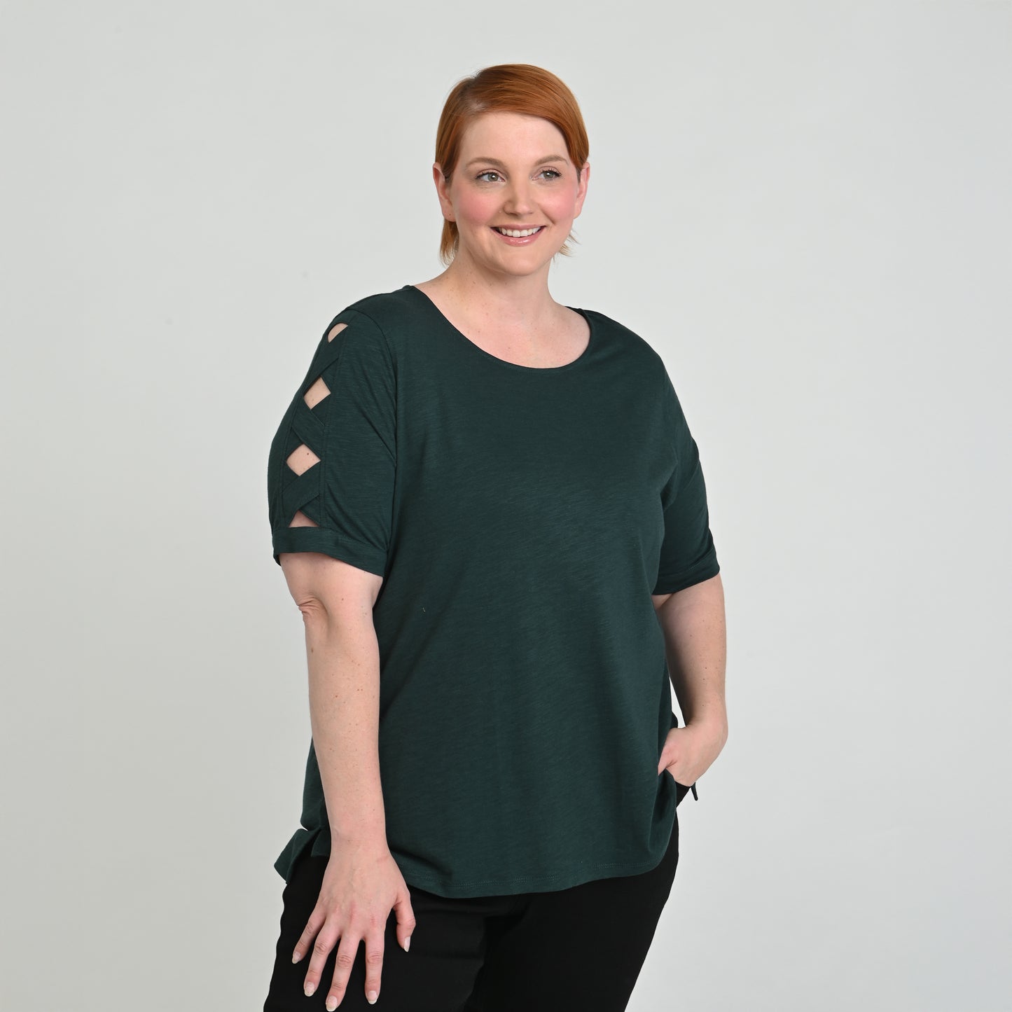 Lattice Sleeve Jewel Neck Top
