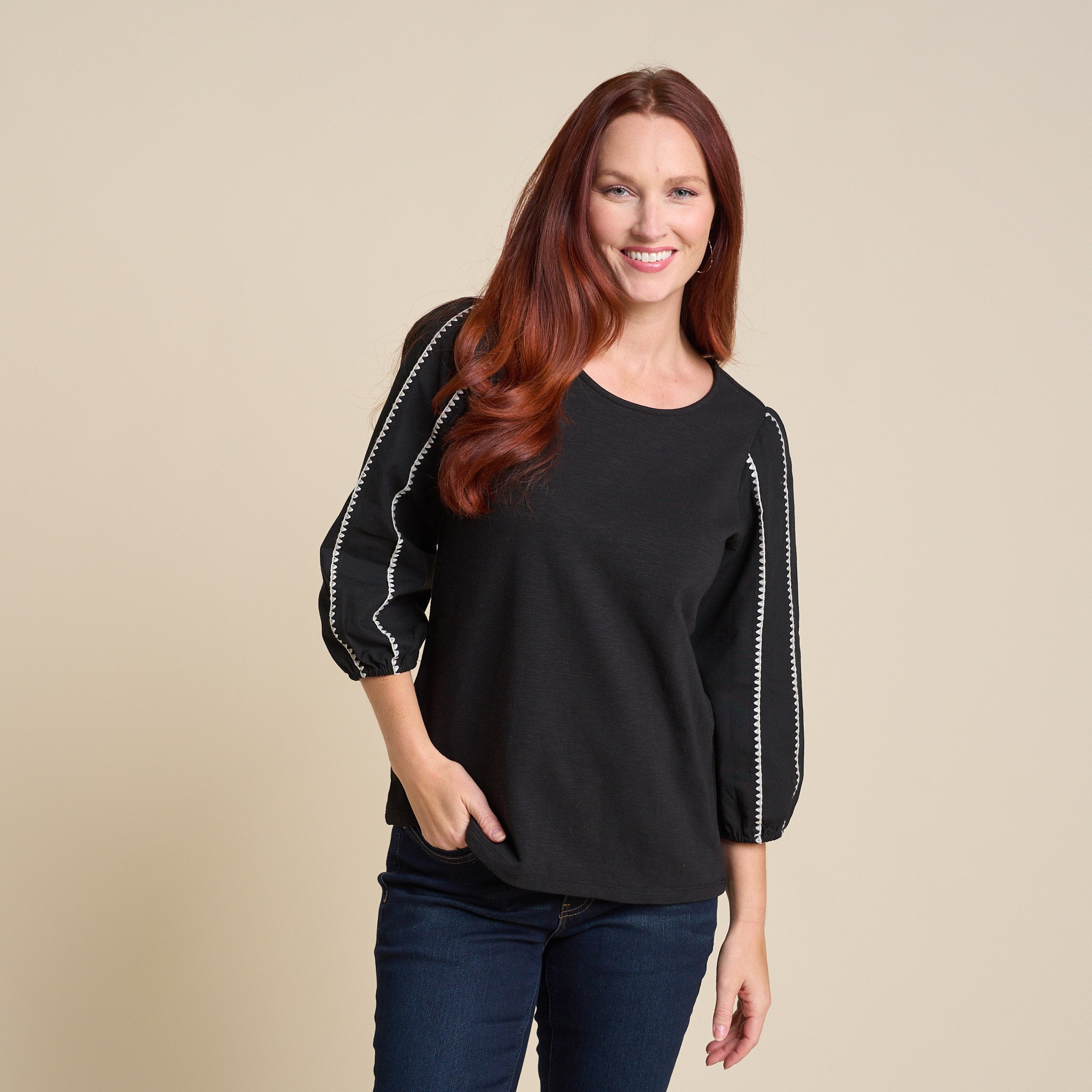 Blanket Stitch Trim 3/4 Sleeve Top – Christopher & Banks