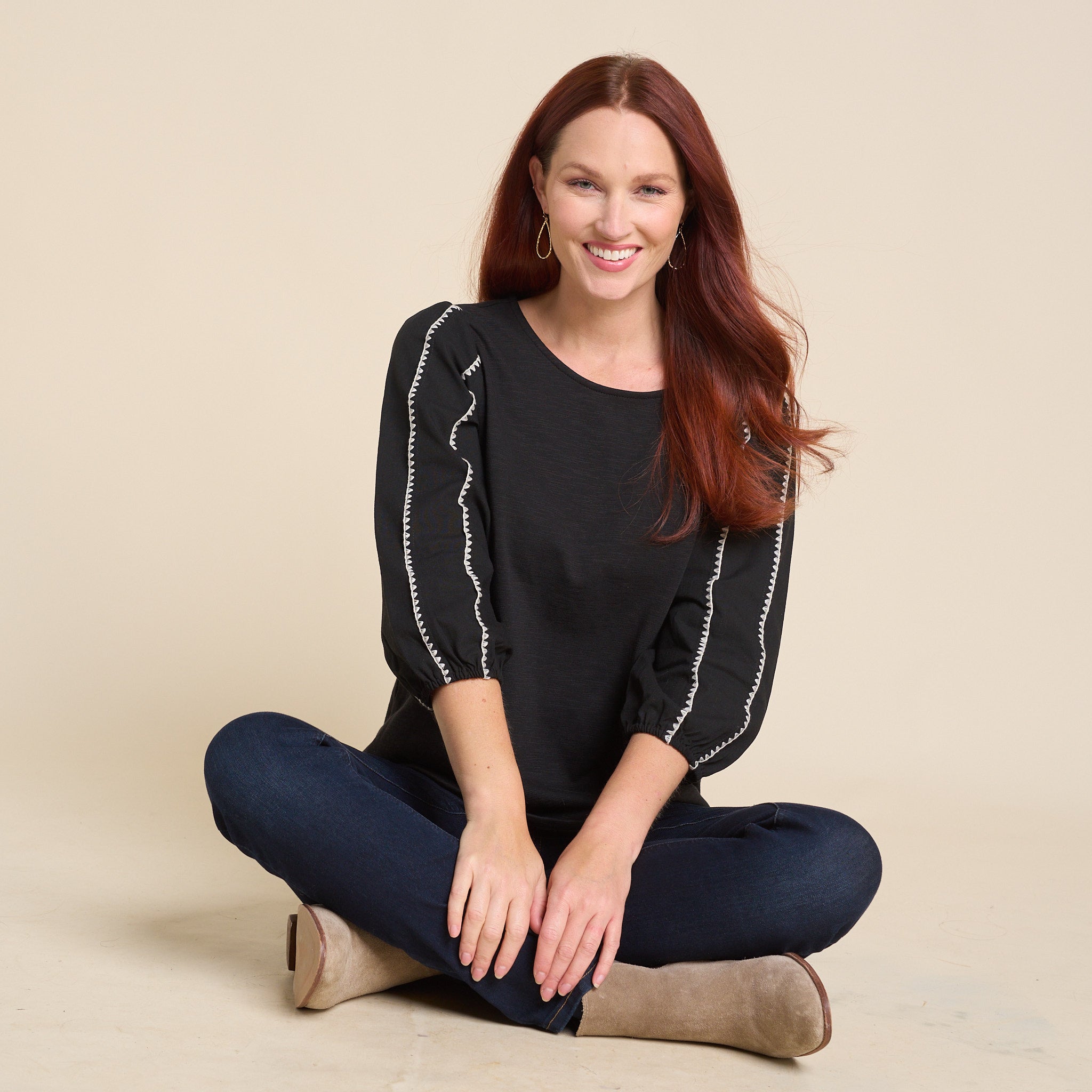Blanket Stitch Trim 3/4 Sleeve Top – Christopher & Banks