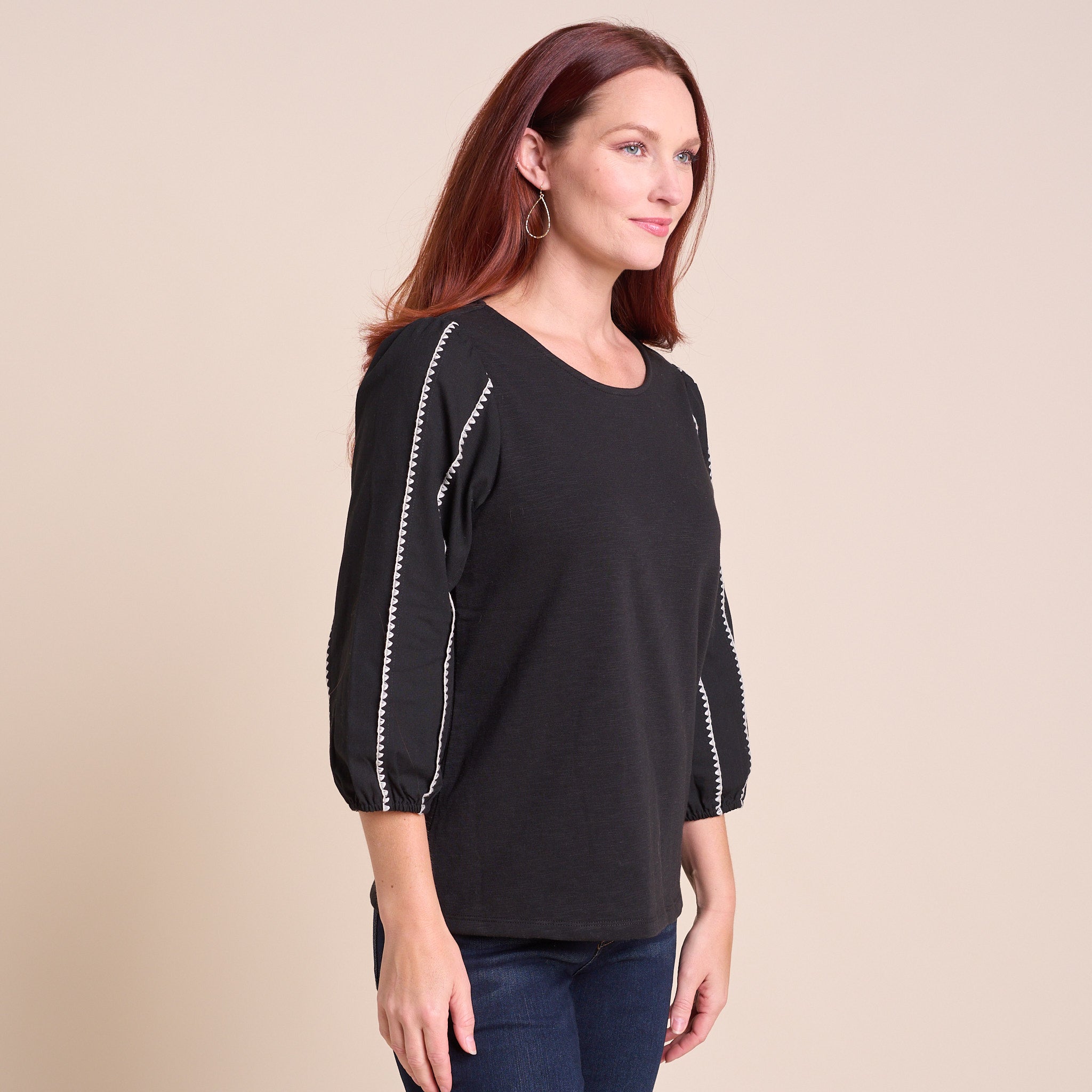 Blanket Stitch Trim 3/4 Sleeve Top – Christopher & Banks