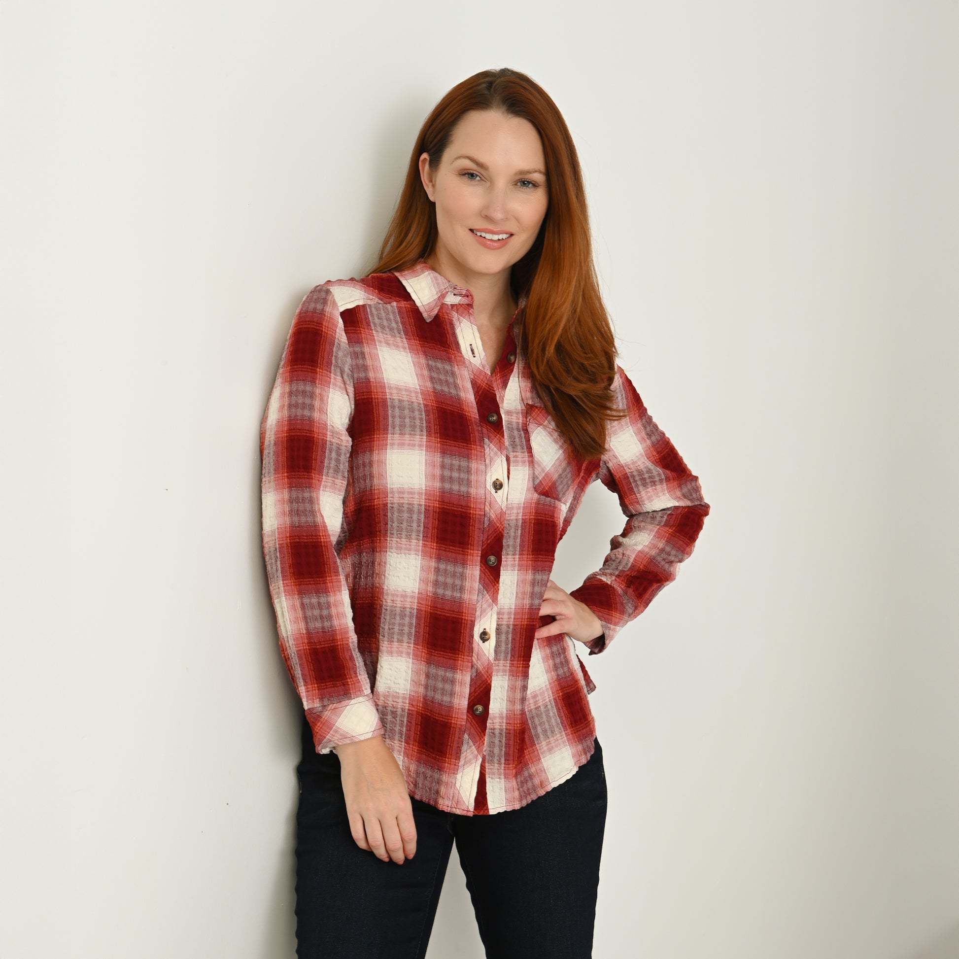 Plaid Forward Shoulder Long Sleeve Shirt Navy Blazer / 1x Plaid Forward Shoulder Long Sleeve Shirt Navy Blazer / 1x