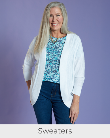 Explore our sweaters! Featuring a white slub knit cardigan.