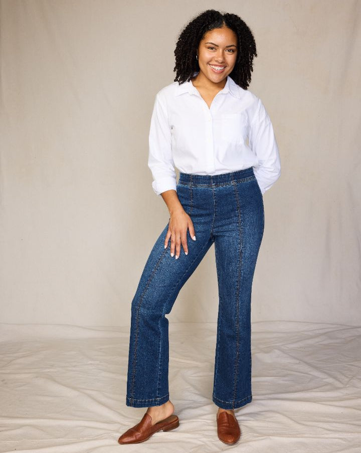 Explore our bottoms! Featuring a pull-on fit jean.