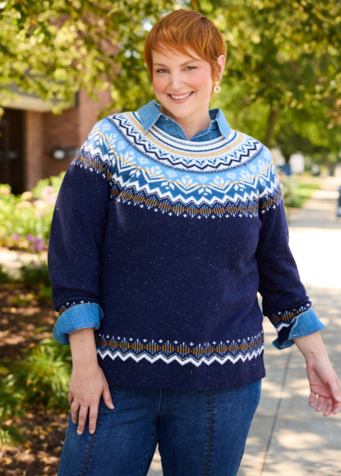 Explore our October Digital Catalog! Featuring a blue Fair Isle sweater.