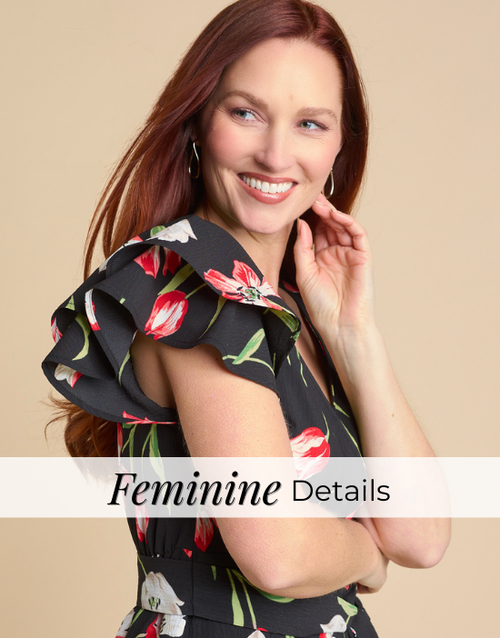 Explore our feminine details collection! Featuring a black floral dress.