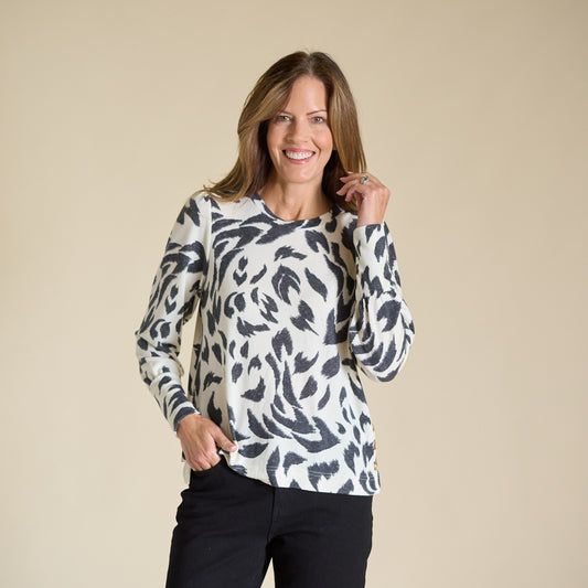 Abstract Printed Button Side Long Sleeve Top