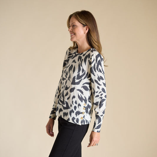 Abstract Printed Button Side Long Sleeve Top