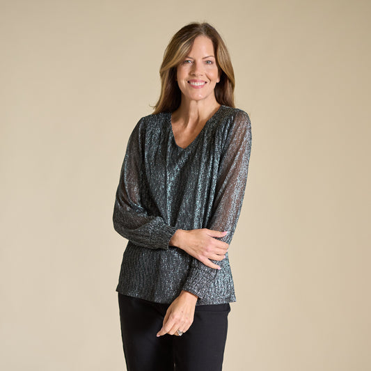 Bodre V Neck Shirred Sleeve Blouse
