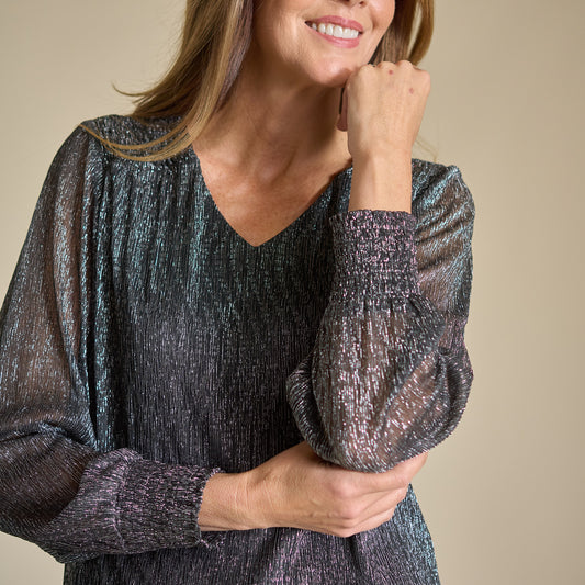 Bodre V Neck Shirred Sleeve Blouse