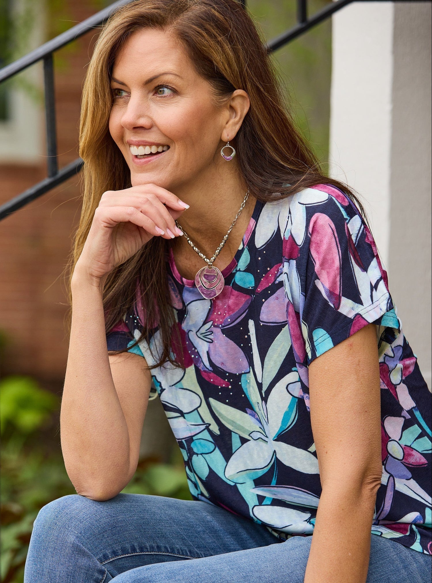 Explore our jewelry! Featuring a purple short pendant necklace.