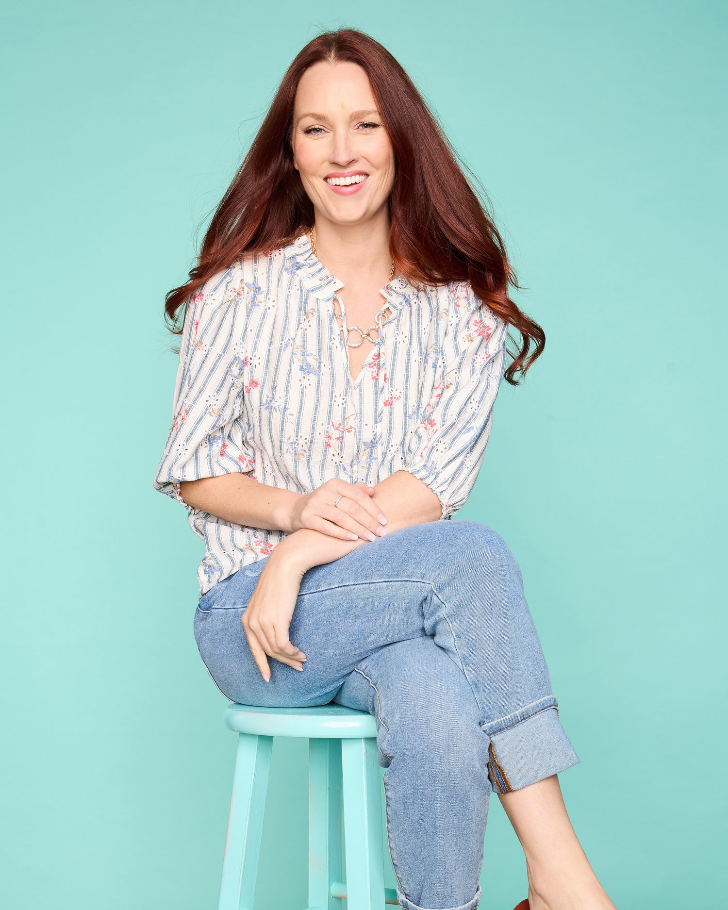 Explore our blouses & shirts! Featuring a striped eyelet top.