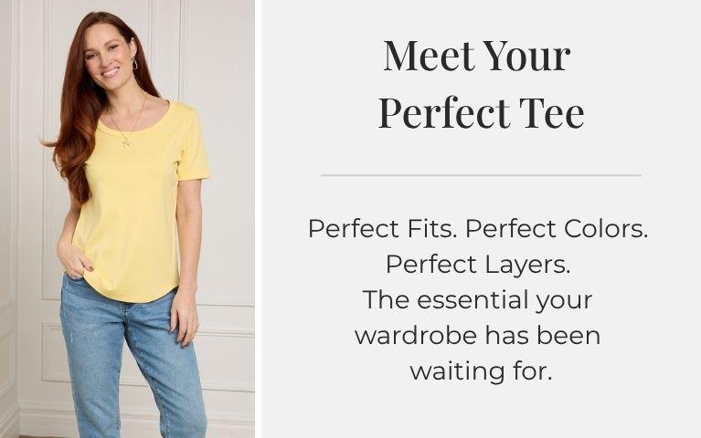 Meet Your Perfect Tee: Perfect Fits. Perfect Colors. Perfect Layers. The essential your wardrobe has been waiting for. Featuring a yellow short sleeve perfect tee and blue 3/4 sleeve crew neck tee.