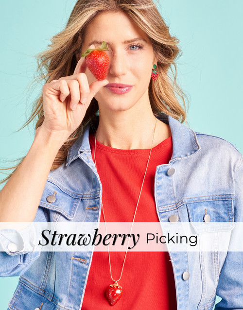 Explore our strawberry picking collection! Featuring a strawberry pendant necklace and strawberry stud earrings.