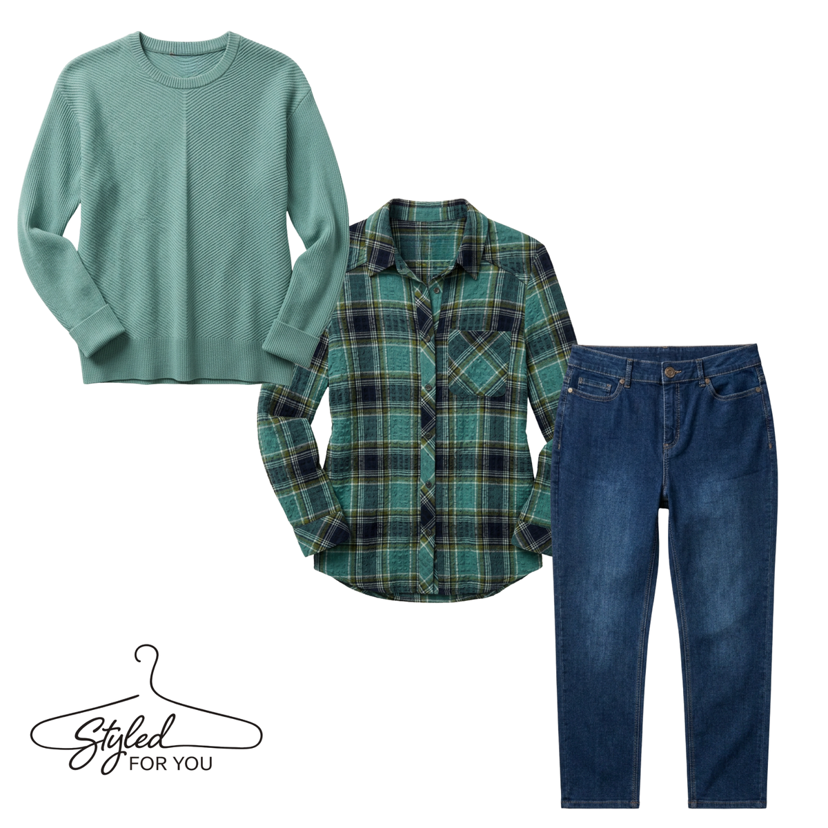 Three-piece women's outfit set featuring a sage green knit sweater, a green and black plaid flannel shirt, and dark wash blue jeans, displayed on a white background with a 'Styled For You' hanger graphic.