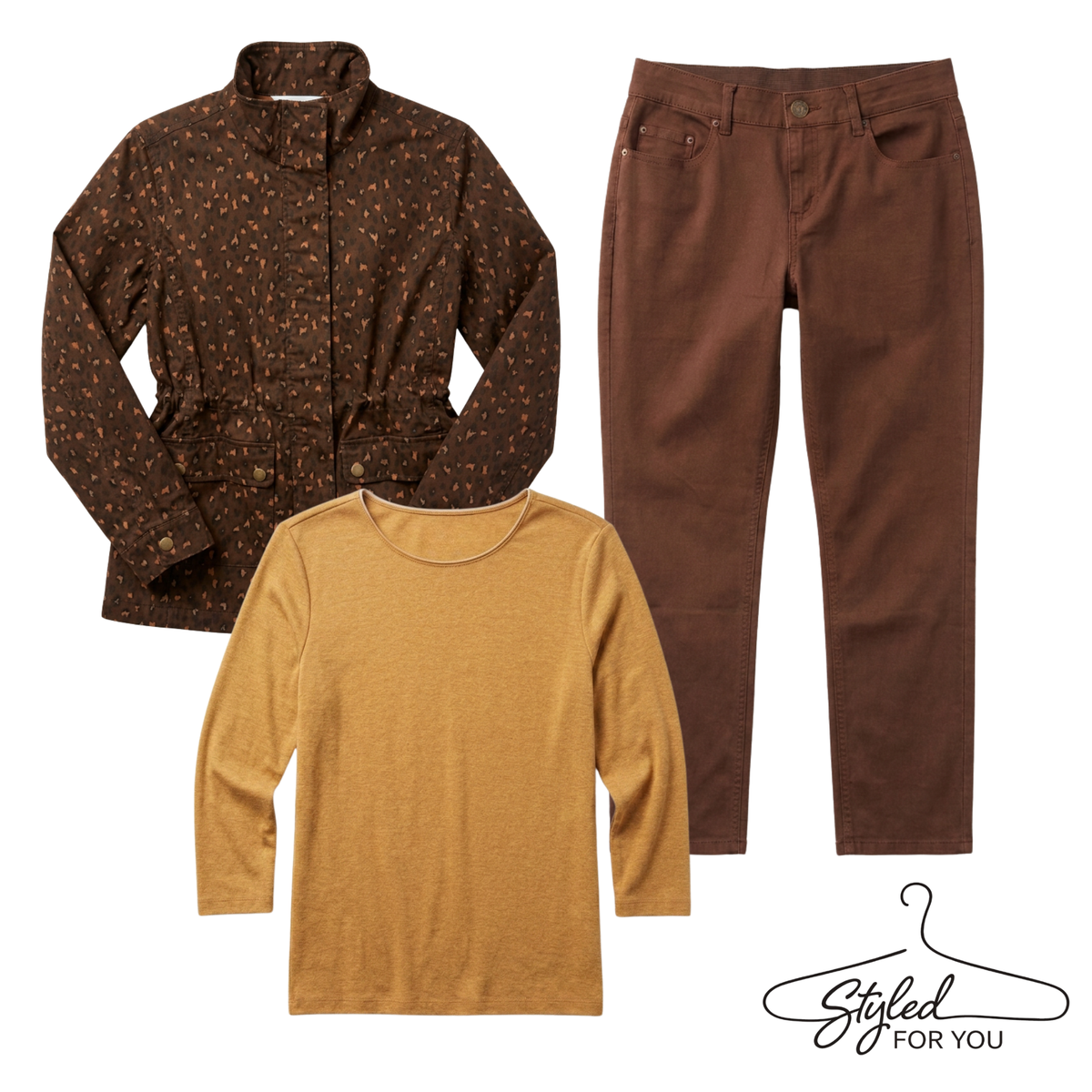 Three clothing items arranged on a white background: a brown patterned long-sleeve top with a stand collar, a pair of brown pants, and a mustard yellow long-sleeve shirt. A 'Styled FOR YOU' hanger graphic appears in the lower right corner.