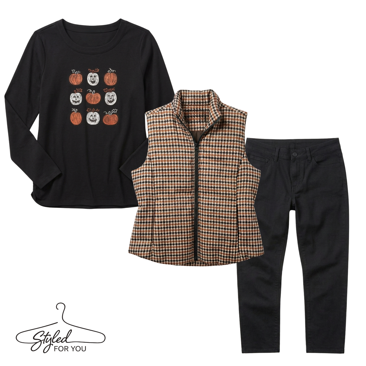 A three-piece fall outfit set featuring a black long-sleeve shirt with a pumpkin graphic, a tan and black checkered vest, and black pants, displayed on a white background with a 'Styled For You' hanger graphic.