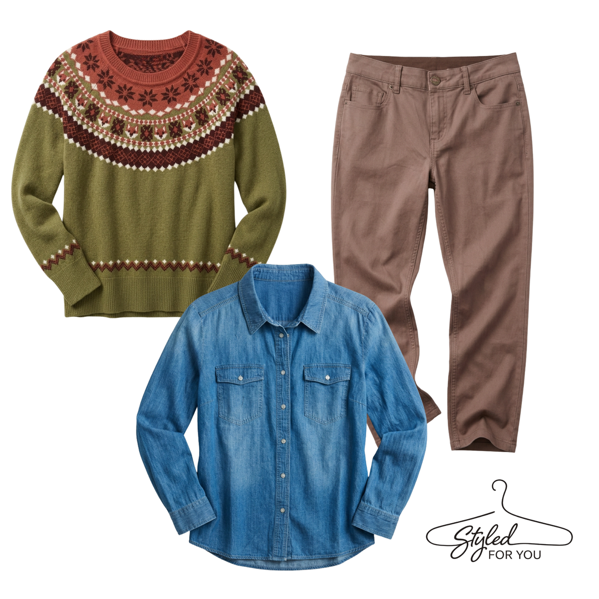 Three apparel items arranged on a white background: an olive green knit sweater with a red, brown, and cream Fair Isle-style yoke pattern, a pair of brown pants, and a blue denim button-up shirt. A stylized hanger graphic with the text 'Styled FOR YOU' appears in the lower right.