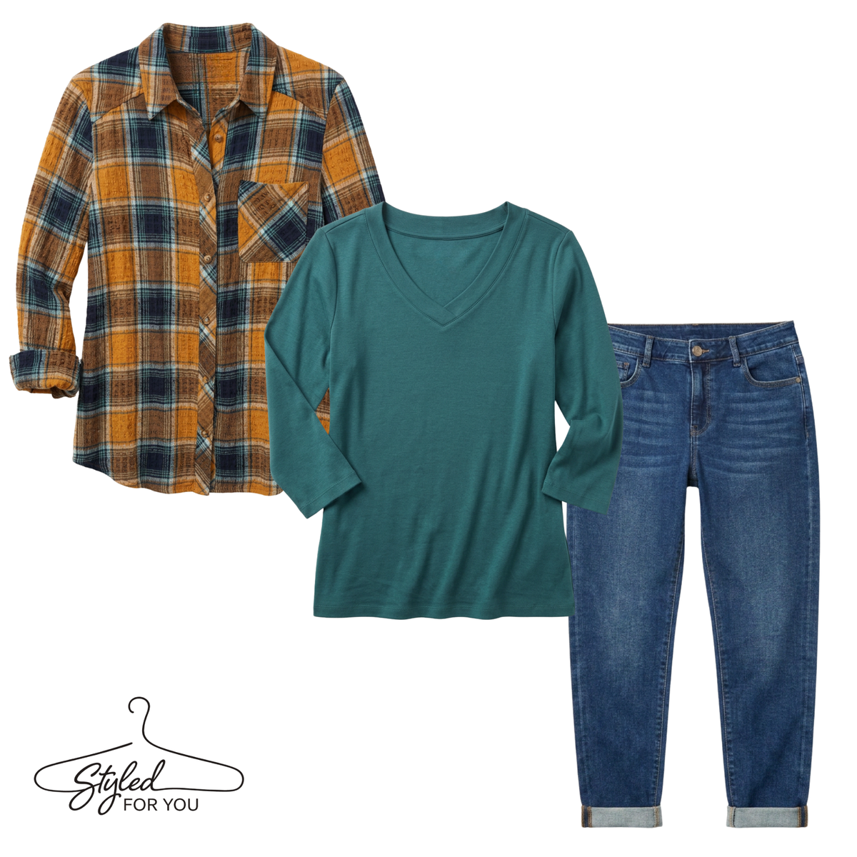 A three-piece women's outfit set featuring a mustard yellow and navy plaid flannel shirt, a teal green long-sleeve V-neck top, and dark wash blue jeans, displayed on a clean white background with a 'Styled For You' logo in the bottom-left corner.