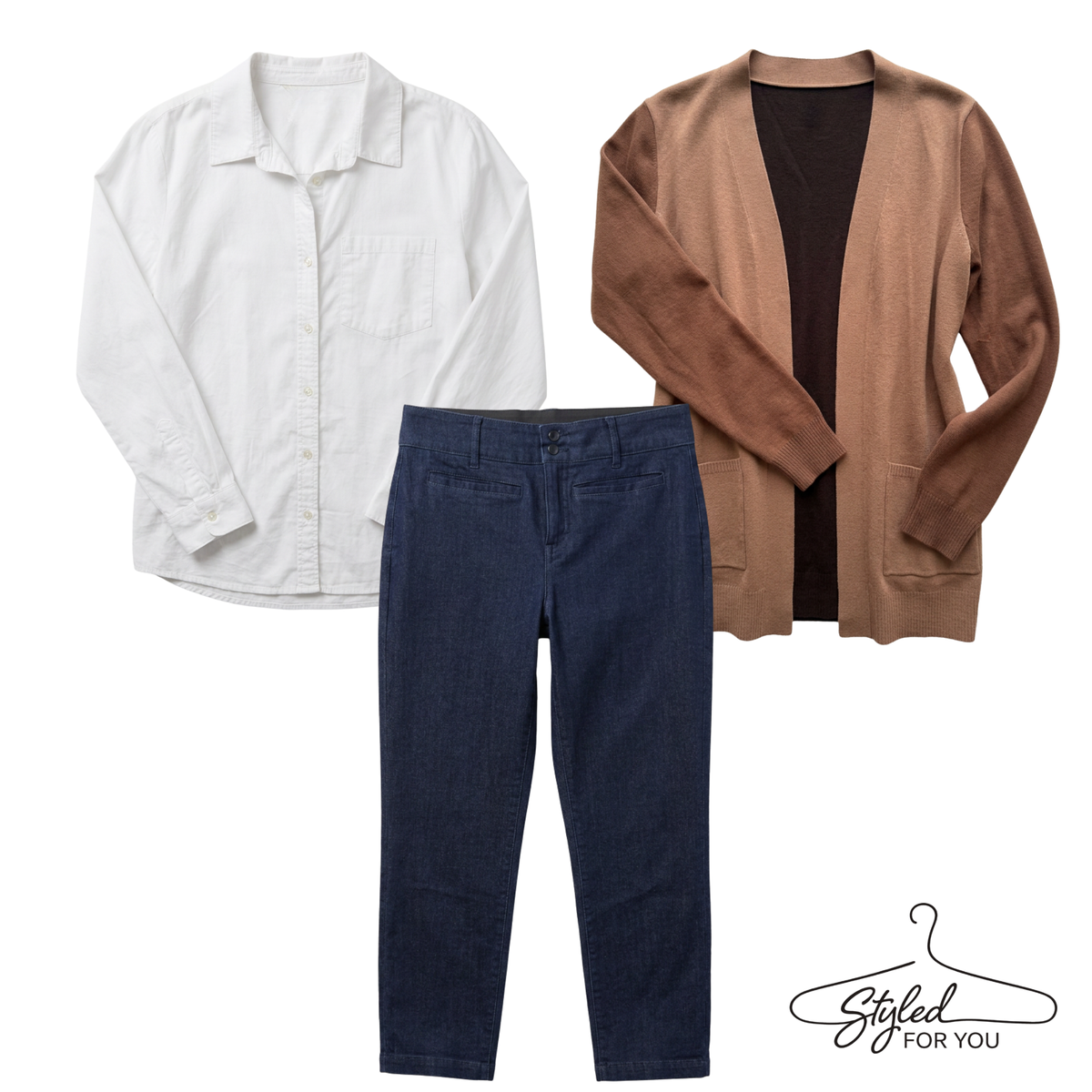 Three-piece casual outfit set featuring a white long-sleeve button-up shirt, a brown open-front cardigan layered over a black top, and dark blue slim-fit jeans, displayed on a white background with a 'Styled FOR YOU' logo in the bottom right corner.