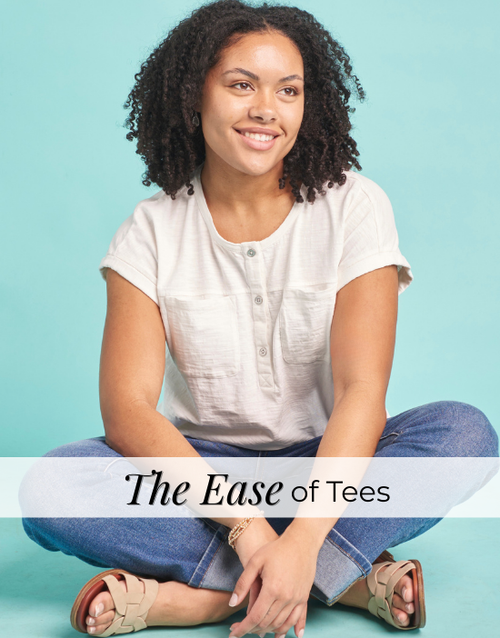 Explore the ease of tees collection! Featuring a white dropped shoulder henley tee.