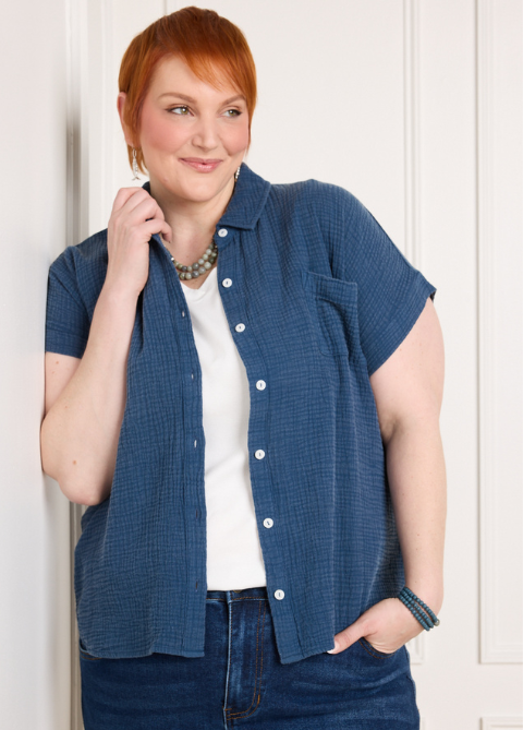 Explore our new arrivals! Featuring a blue gauze button front shirt.