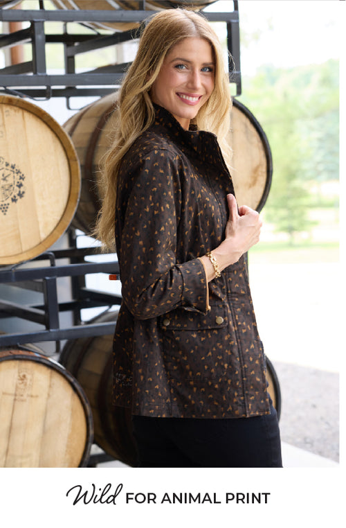 Explore our animal print collection! Featuring a brown animal print jacket.