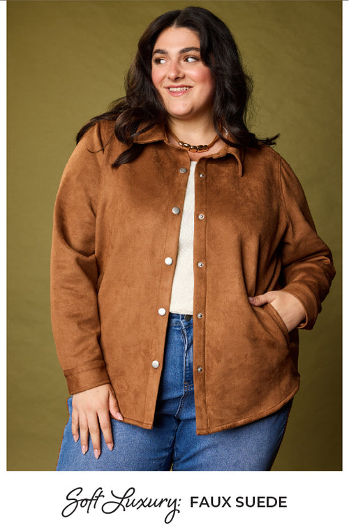 Explore our faux suede collection! Featuring a brown faux suede shacket.