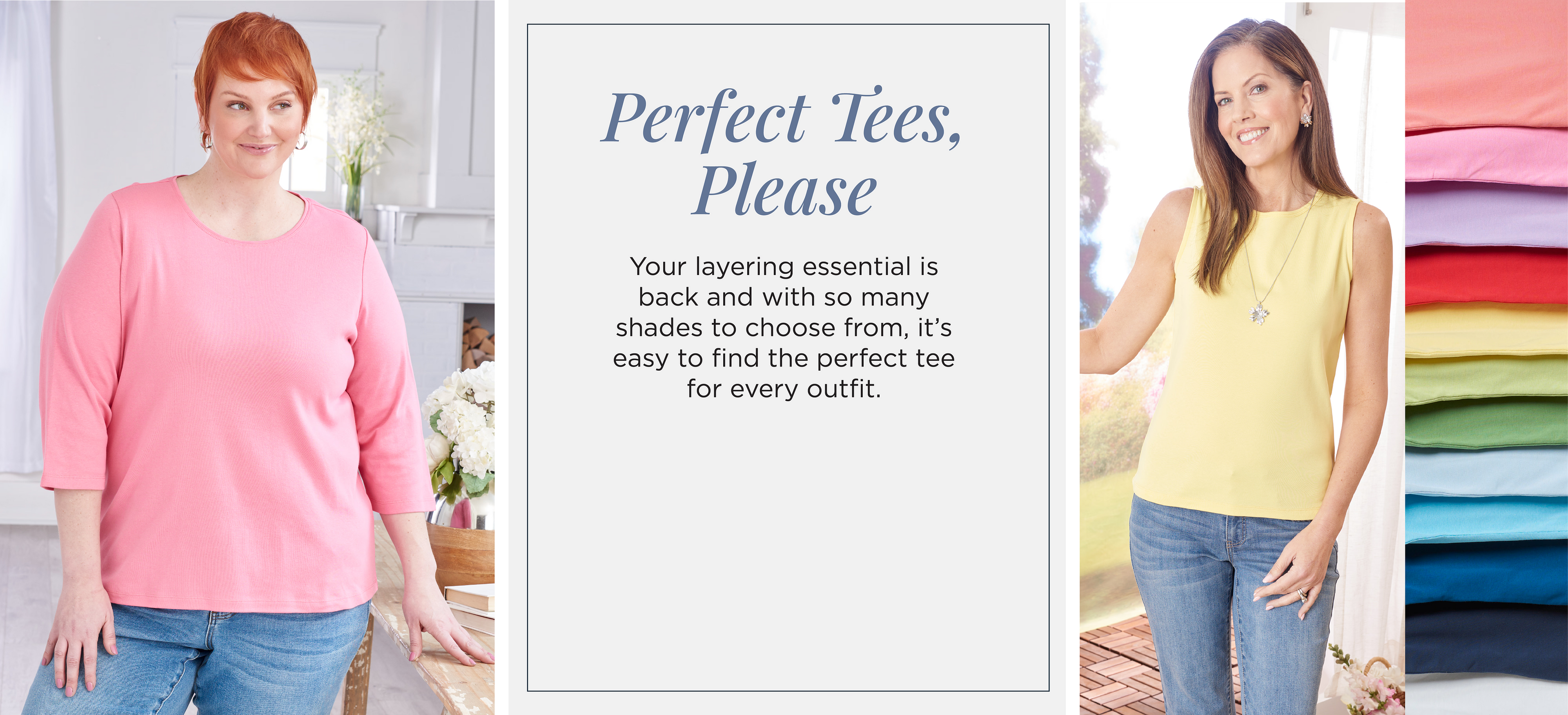 Perfect Tees, Please: Your layering essential is back and with so many shades to choose from, it's easy to find the perfect tee for every outfit. Featuring a yellow sleeveless crew neck tank and a pink 3/4 sleeve crew neck tee!