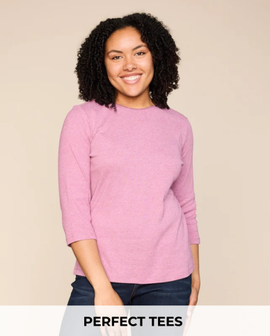 Explore our perfect tees! Featuring a pink 3/4 sleeve perfect tee.