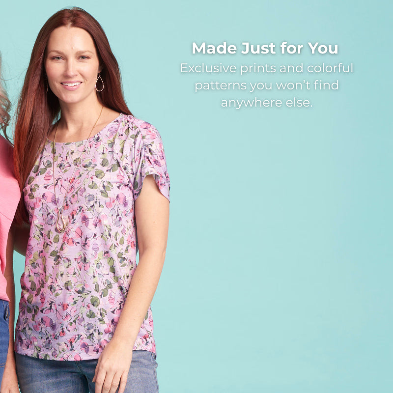 Made Just for You: Exclusive prints and colorful patterns you won't find anywhere else. Featuring a purple abstract print tee!