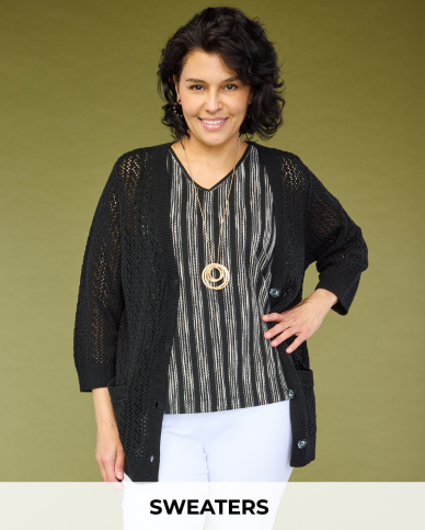Explore our sweaters! Featuring a black textured knit tank and black open knit cardigan.