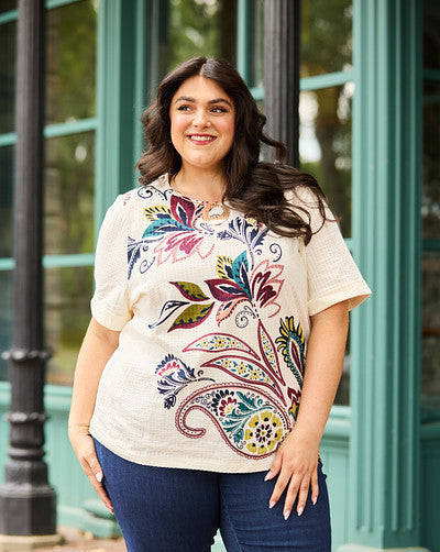Explore our knit tops! Featuring a white paisley print tee.